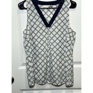 White Blue Collared V-Neck Blouse Women’s Medium Kenar Office Work Pattern‎